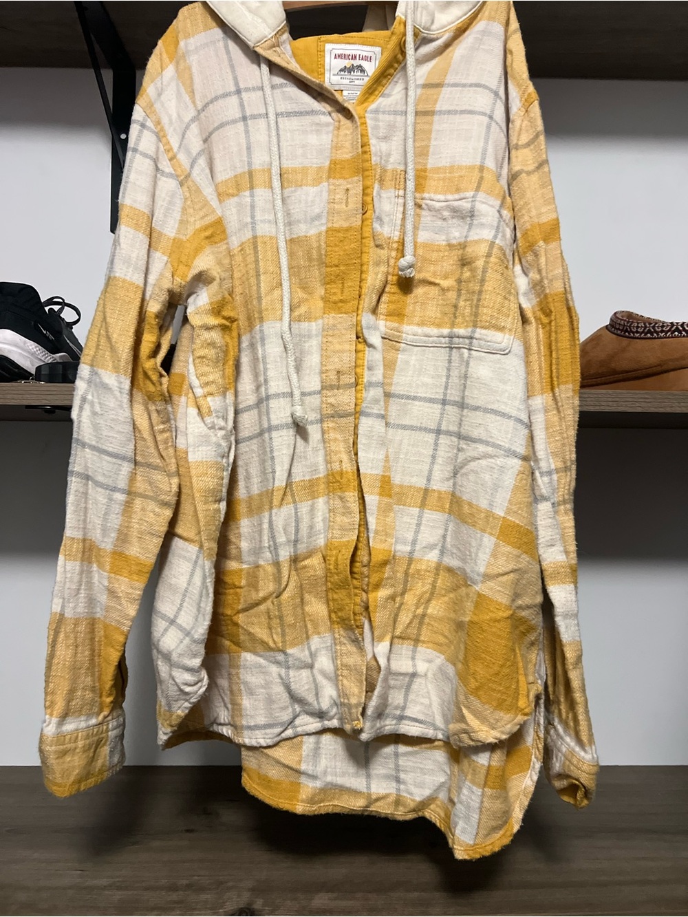 American Eagle Outfitters Yellow and Cream Plaid Hooded Shirt Jacket - Oversized